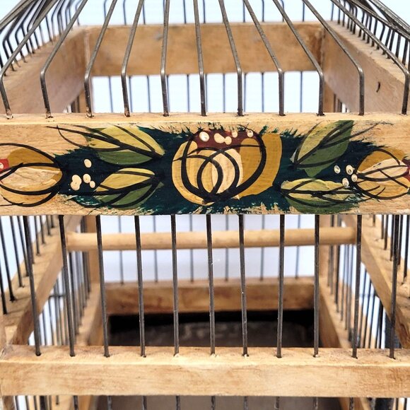 Wood Bird Cage Folk Victorian Tole Painted Flowers Wood Metal Tray Bottom - Picture 7 of 14